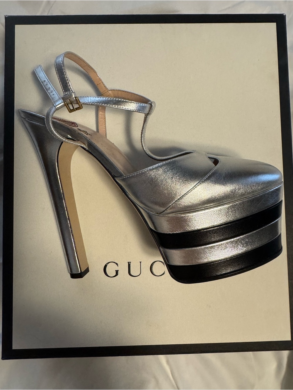Gucci Metallic Silver Platform Slingbacks with Black Bands